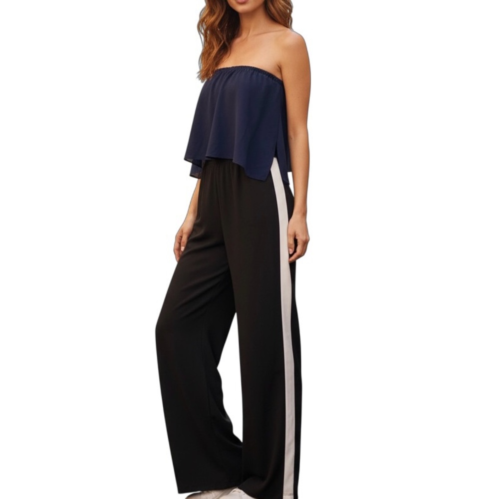 NWT Diane von Furstenberg Jumpsuit Sz 0 Black/Navy Strapless Wide Leg